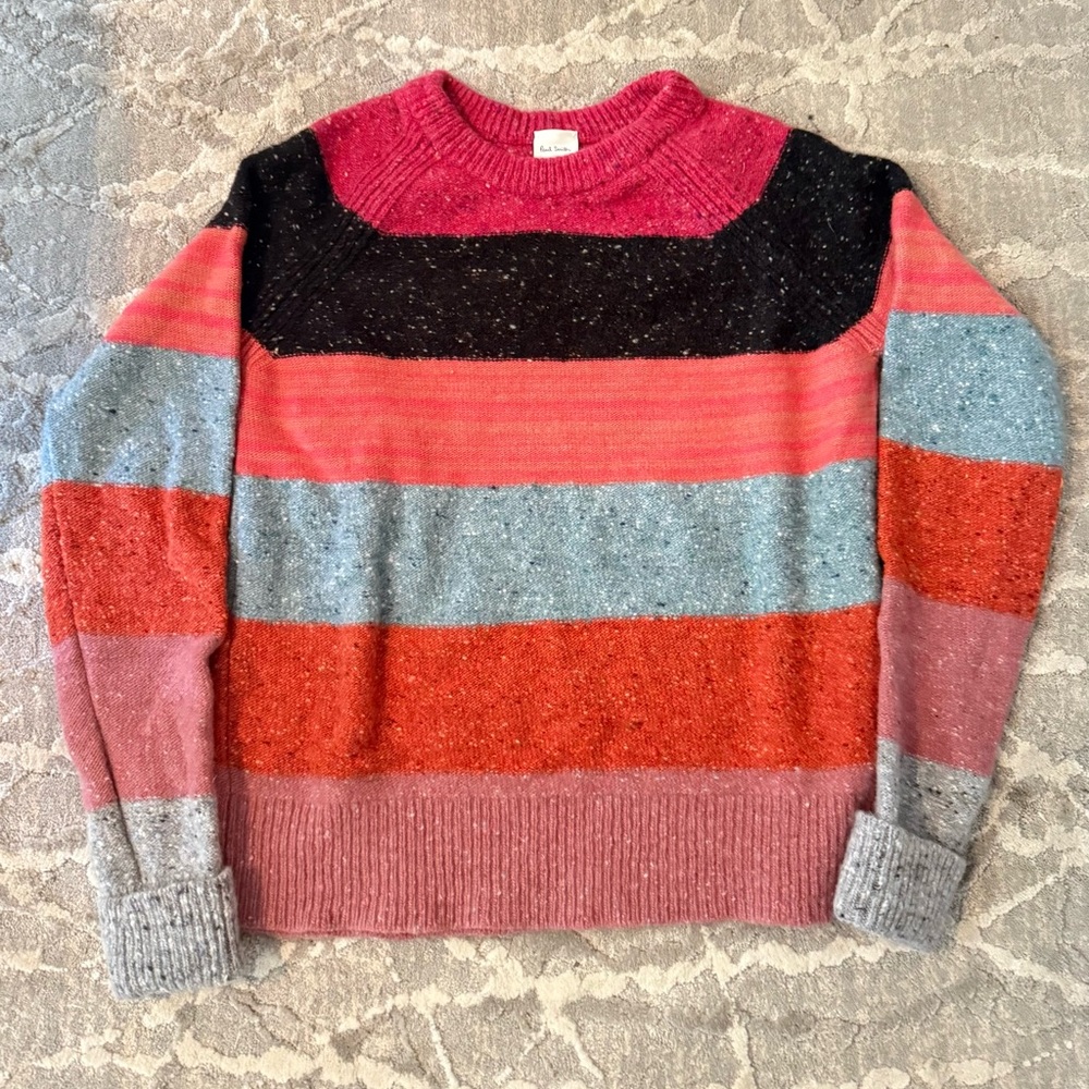 Paul Smith Pink and Black Crew Neck Virgin Wool Sweater with Vibrant Stripes
